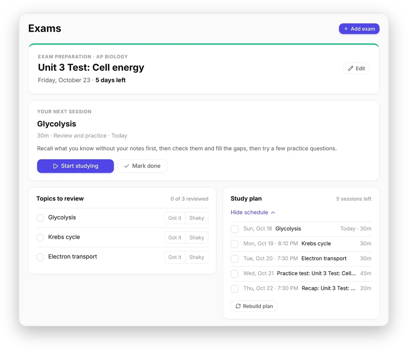 The Exams page with topics to review and a study plan for the test