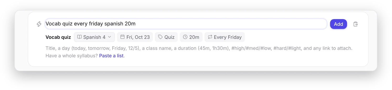 Quick Add reading back a quiz that repeats every Friday