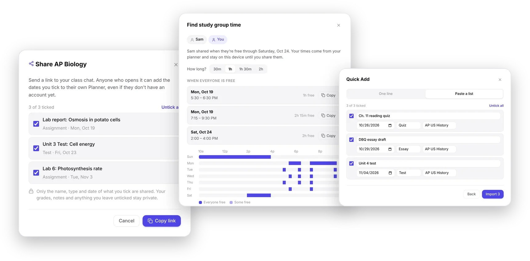 Sharing a class’s dates, Find study group time and pasting a syllabus into Quick Add