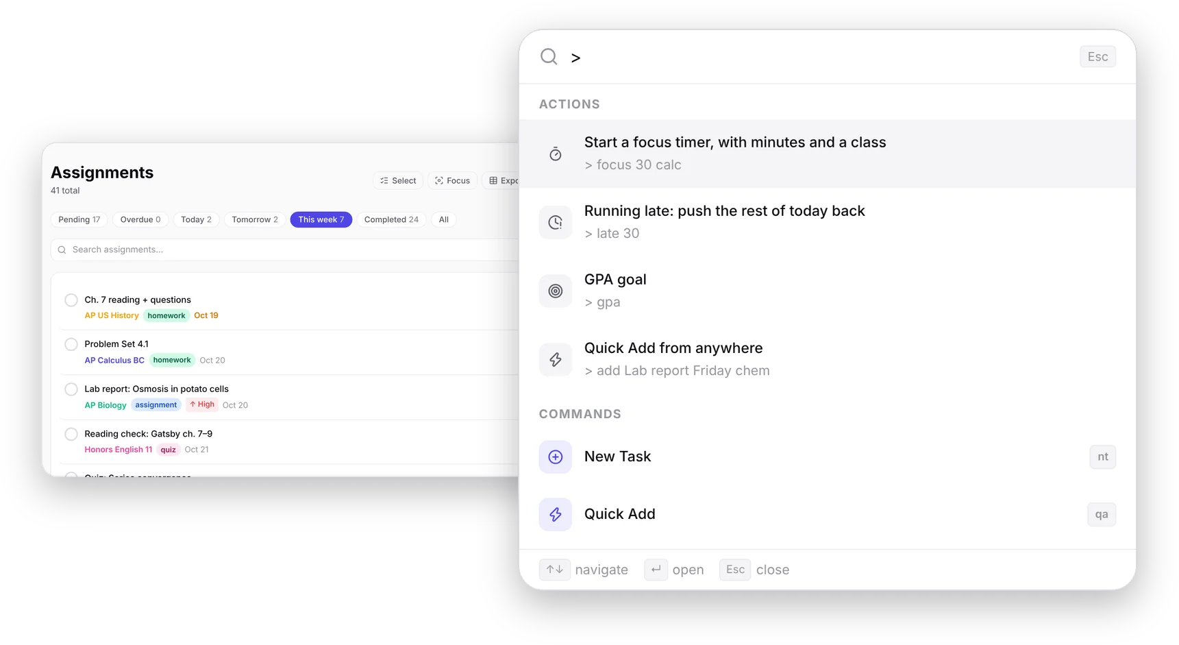 The This week list of assignments and search showing actions after typing >