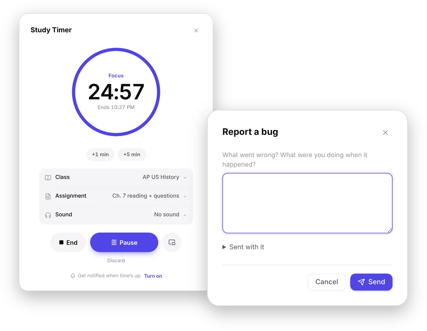 The redesigned Study Timer next to the Report a bug form