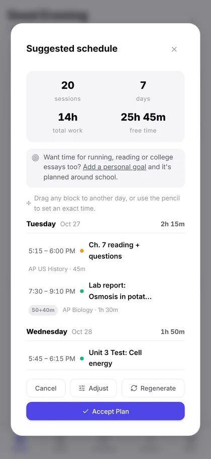 Plan My Week suggesting study sessions
