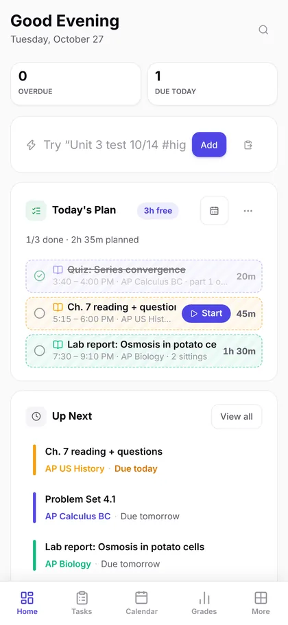 Planner home screen with today’s plan